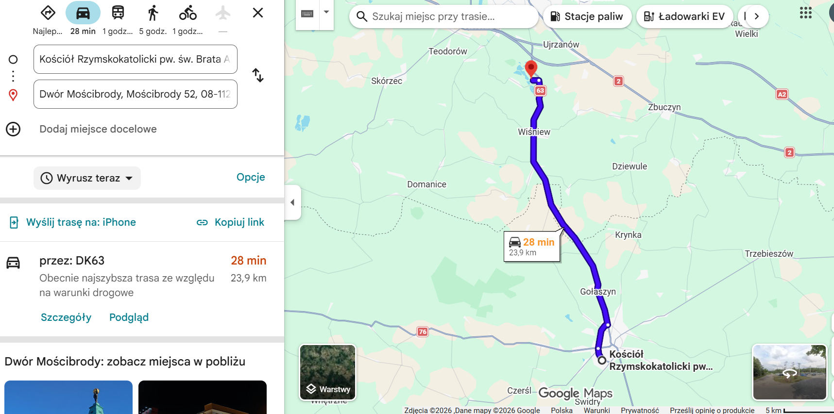 Mapa dojazdu kościół -> sala weselna